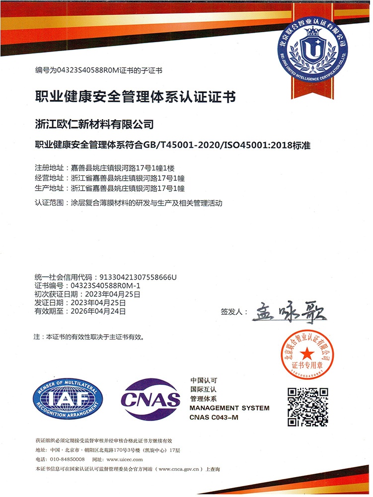 欧仁职安体系证书（中文版）