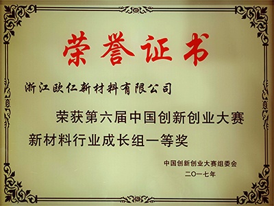 第六届中国创新创业大赛新材料行业成长组第一名